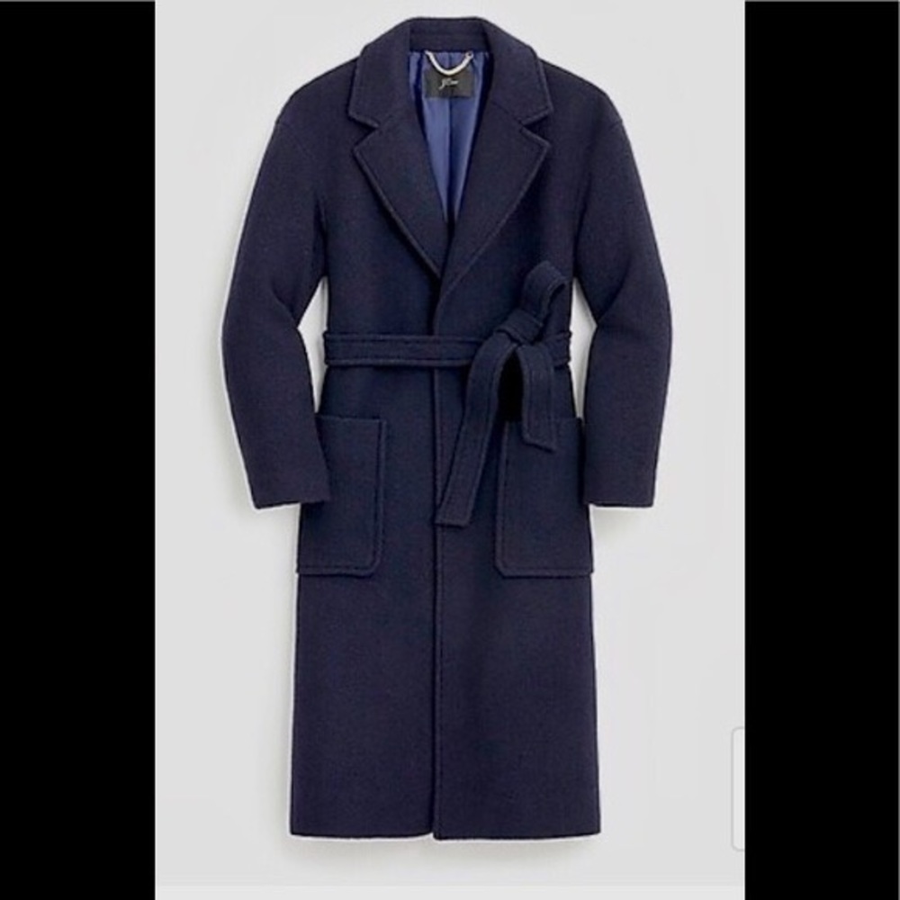 J Crew Long Wrap Coat Italian Boiled Wool Navy
